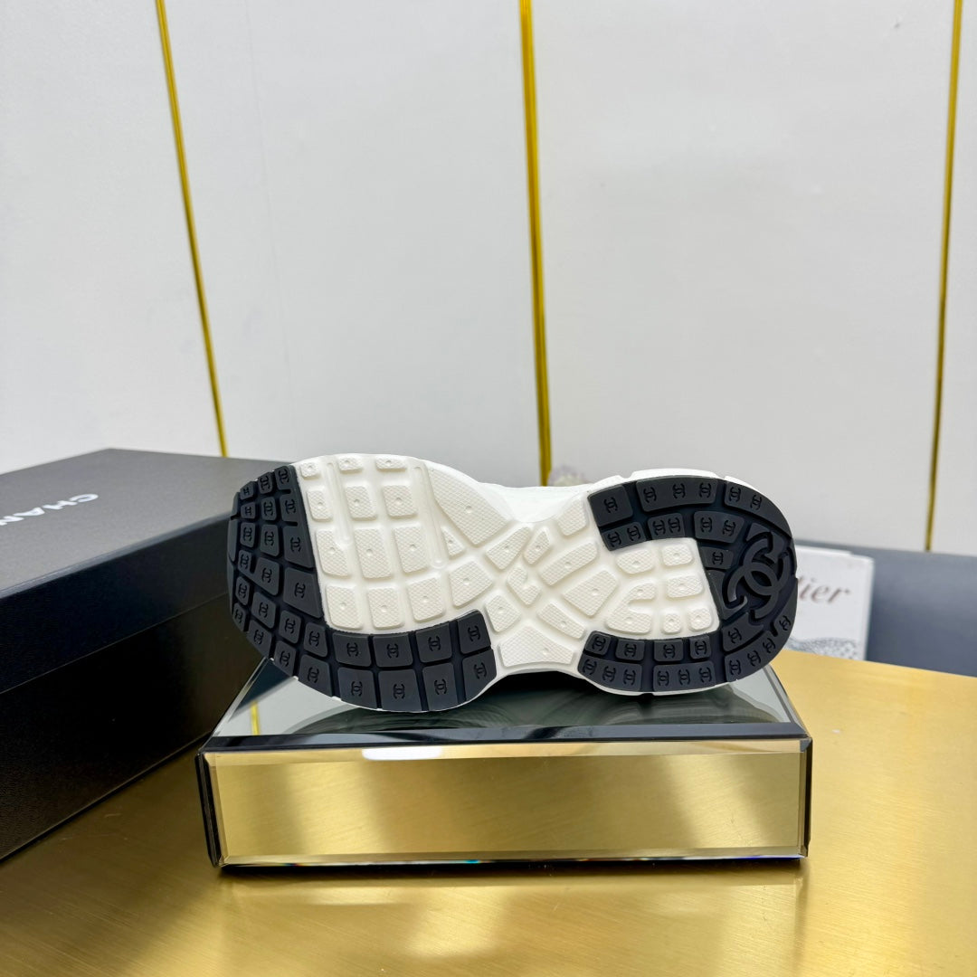 Chanel Sneaker in Pale Gray Suede with Black Logo and Mesh