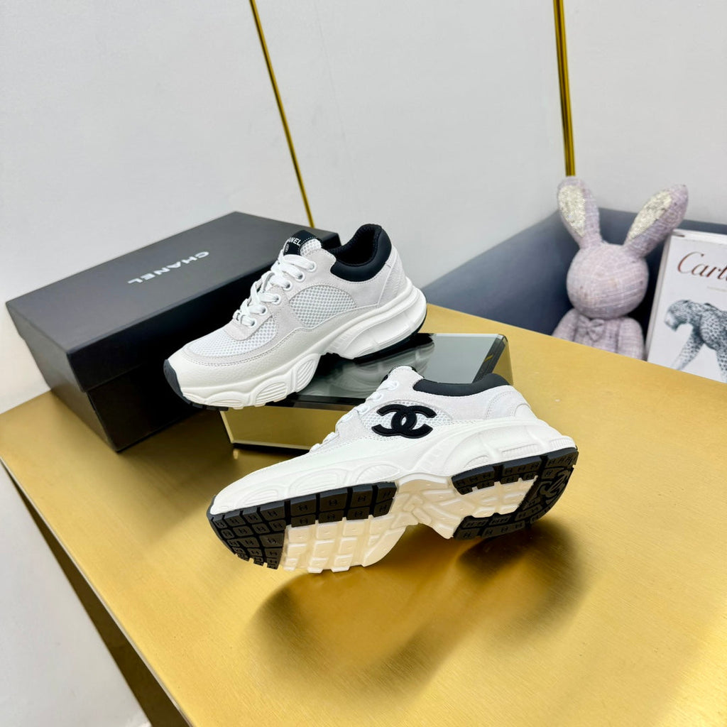 Chanel Sneaker in Pale Gray Suede with Black Logo and Mesh
