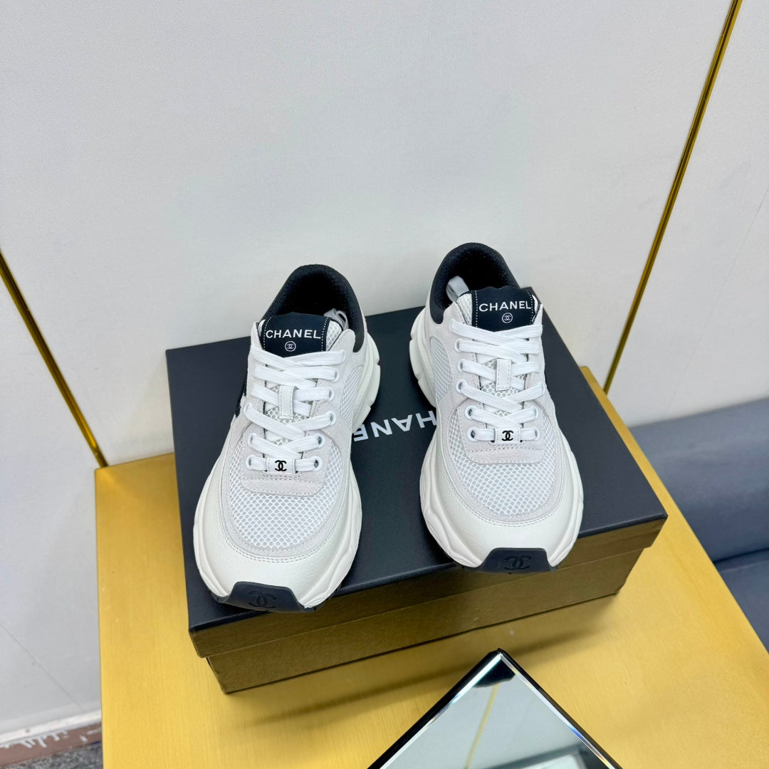 Chanel Sneaker in Pale Gray Suede with Black Logo and Mesh