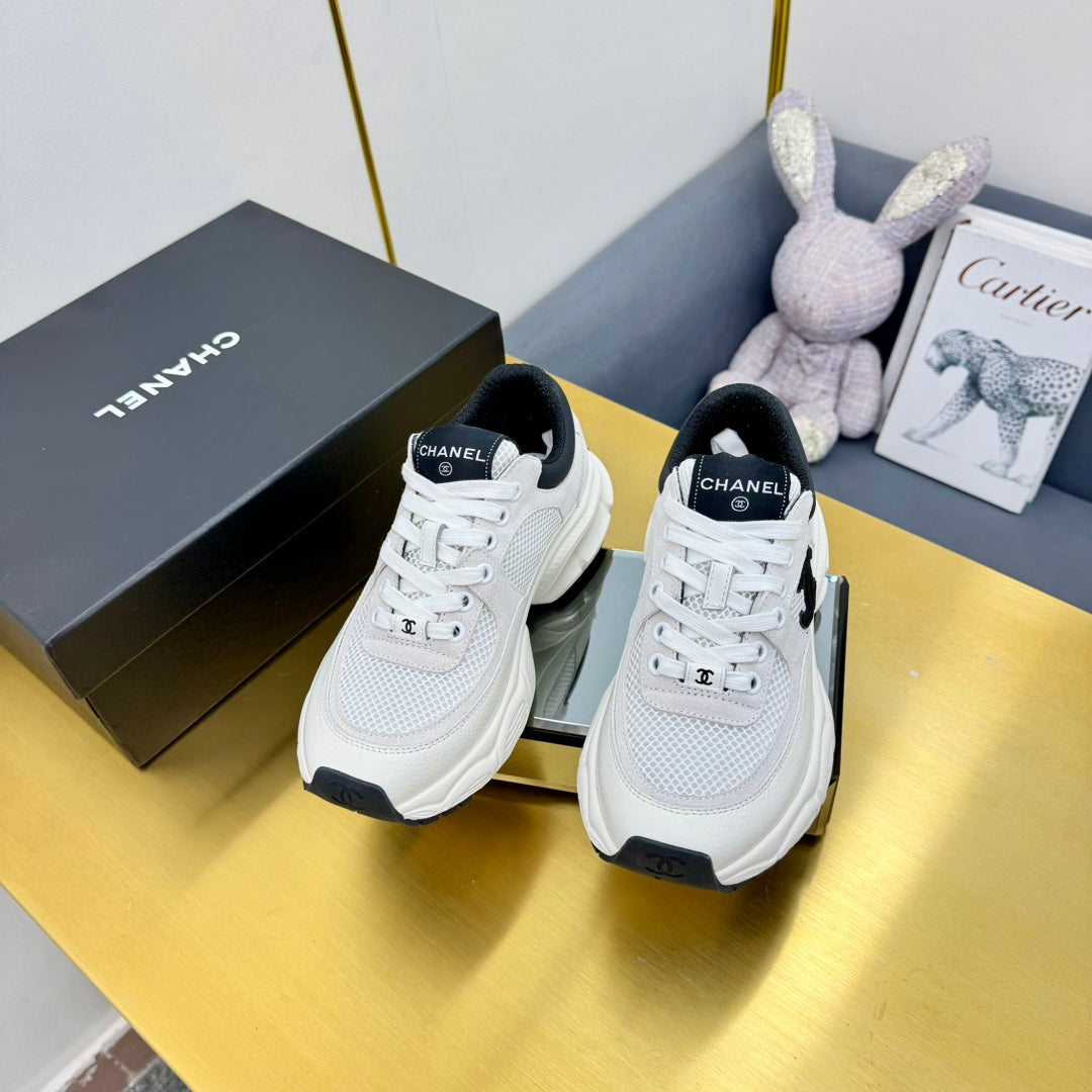 Chanel Sneaker in Pale Gray Suede with Black Logo and Mesh
