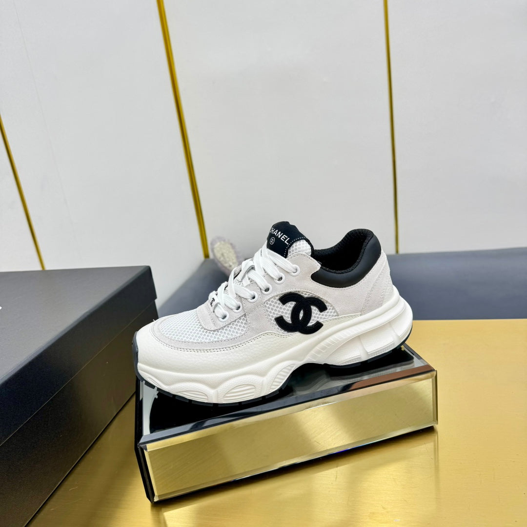 Chanel Sneaker in Pale Gray Suede with Black Logo and Mesh