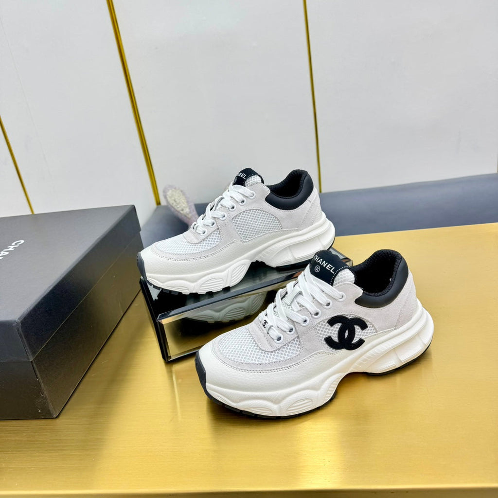 Chanel Sneaker in Pale Gray Suede with Black Logo and Mesh
