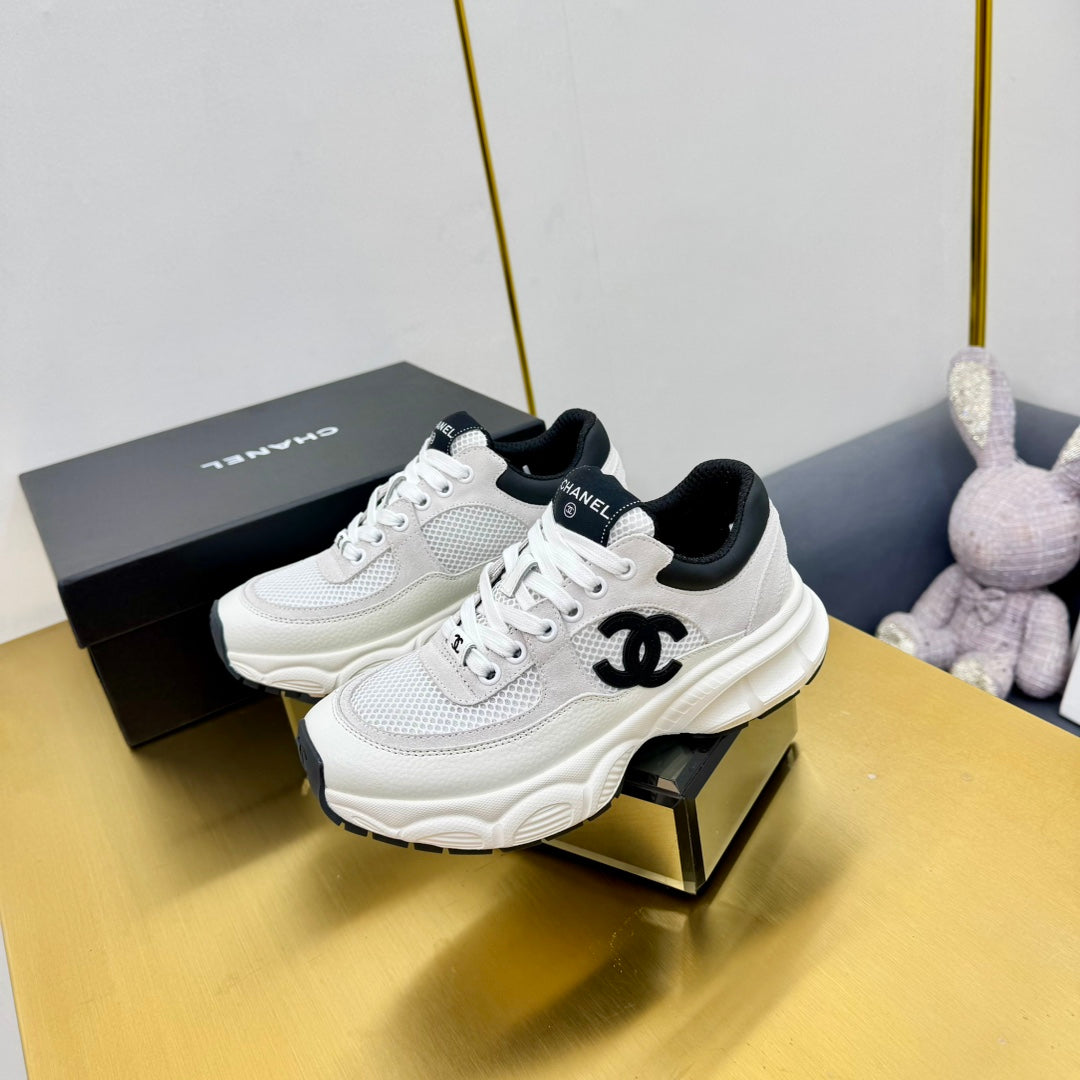 Chanel Sneaker in Pale Gray Suede with Black Logo and Mesh