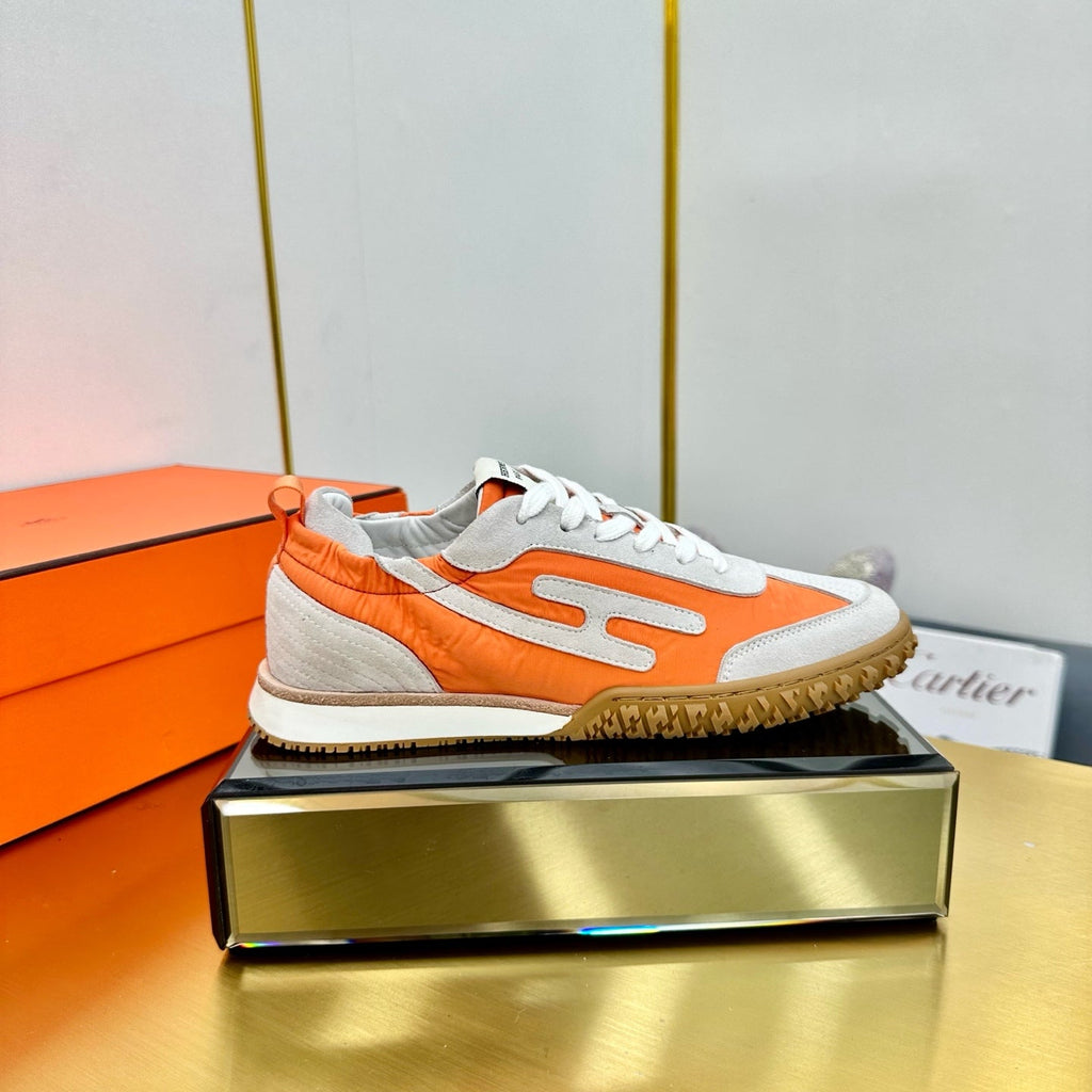 Hermes Jet Sneaker in Pale Gray Suede Mix Orange Calfskin