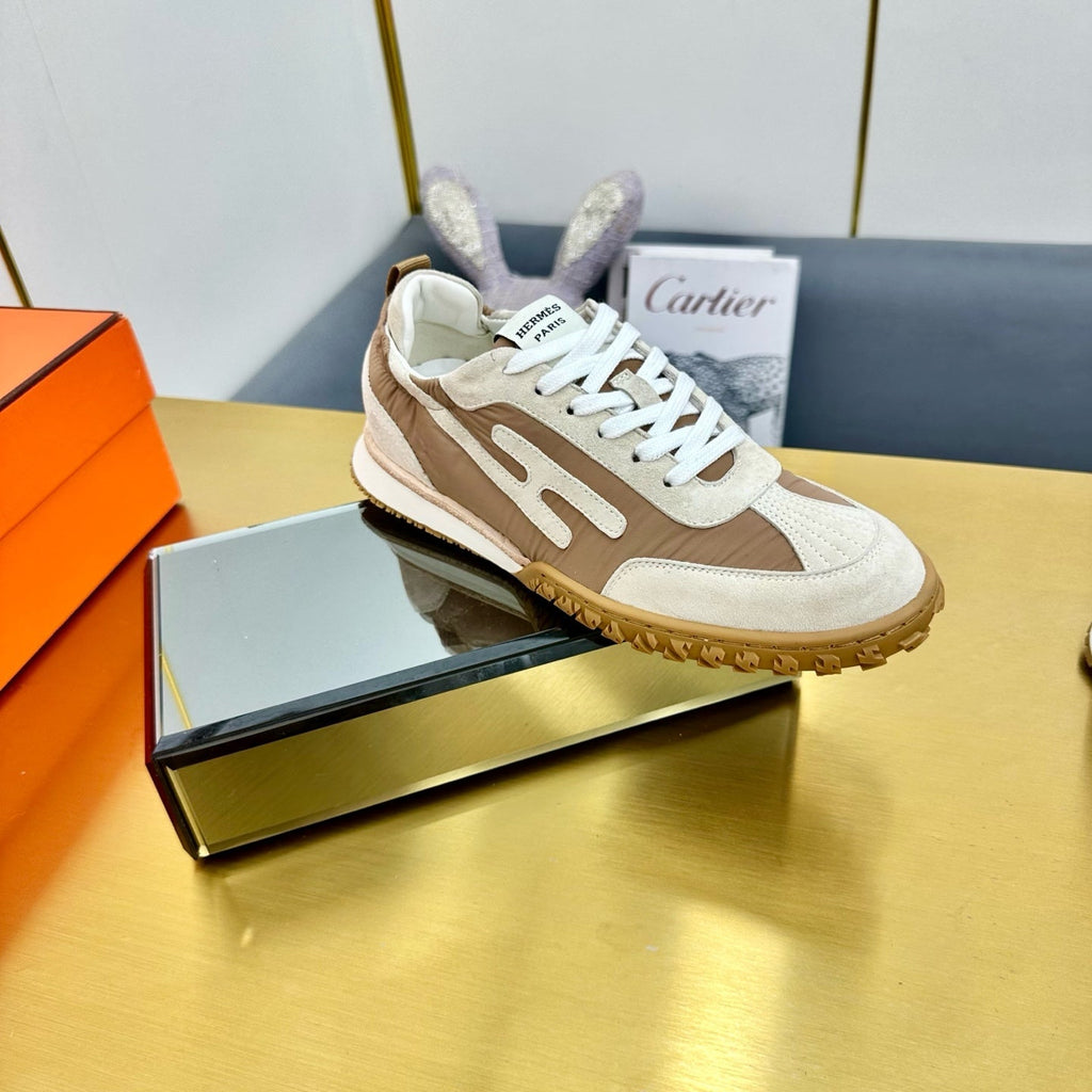 Hermes Jet Sneaker in Khaki Mix Medium Brown Suede