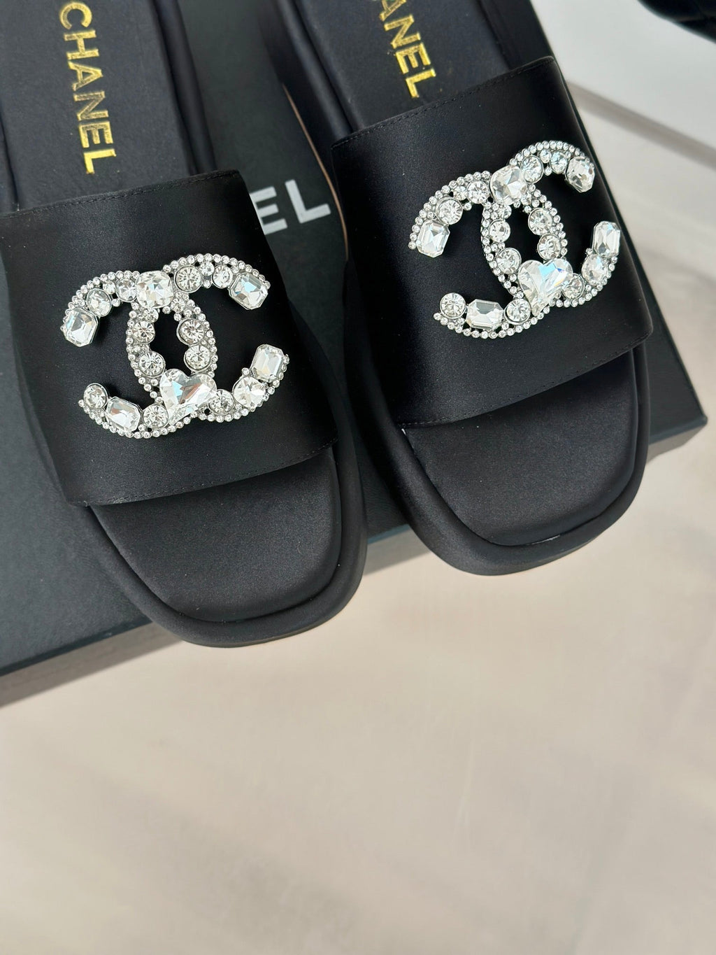 Chanel Slippers Thick Sole in Black Satin