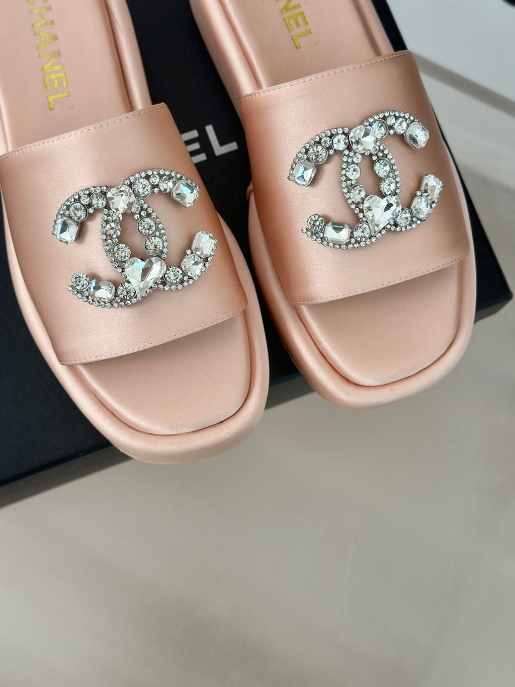 Chanel Slippers Thick Sole in Light Pink Satin