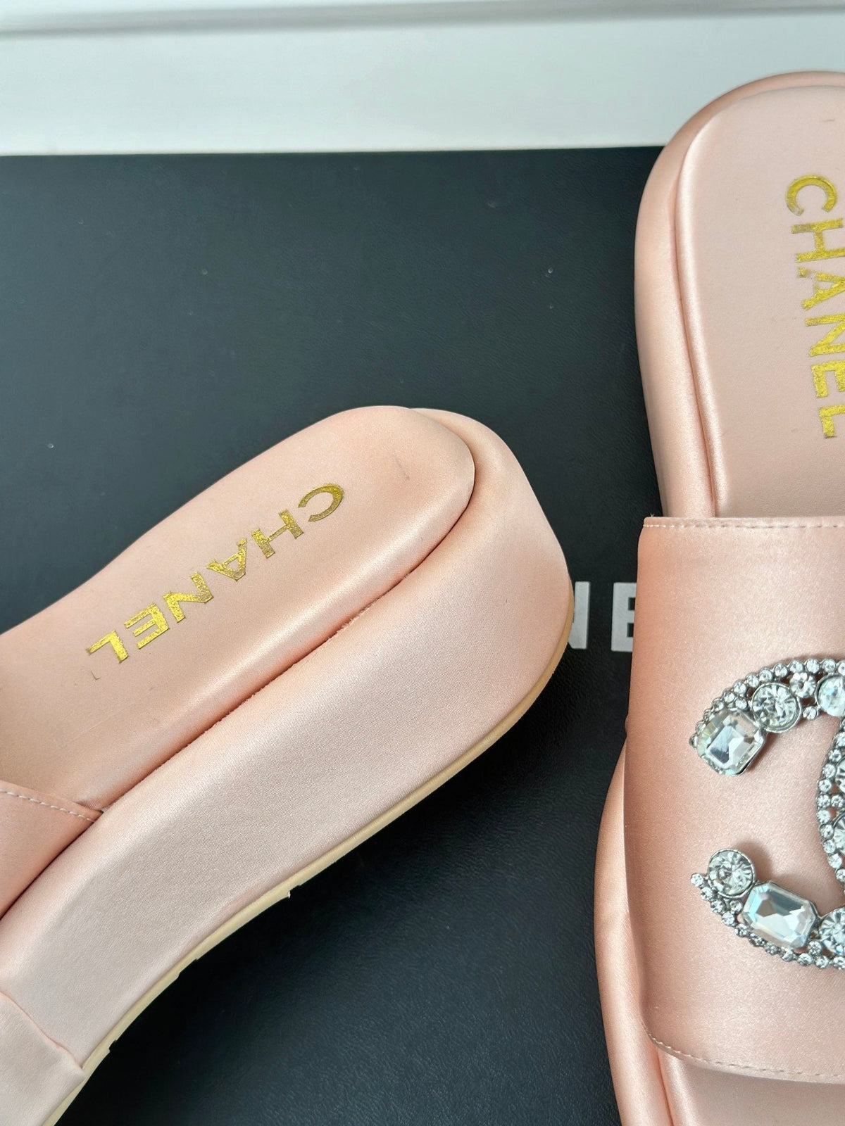 Chanel Slippers Thick Sole in Light Pink Satin