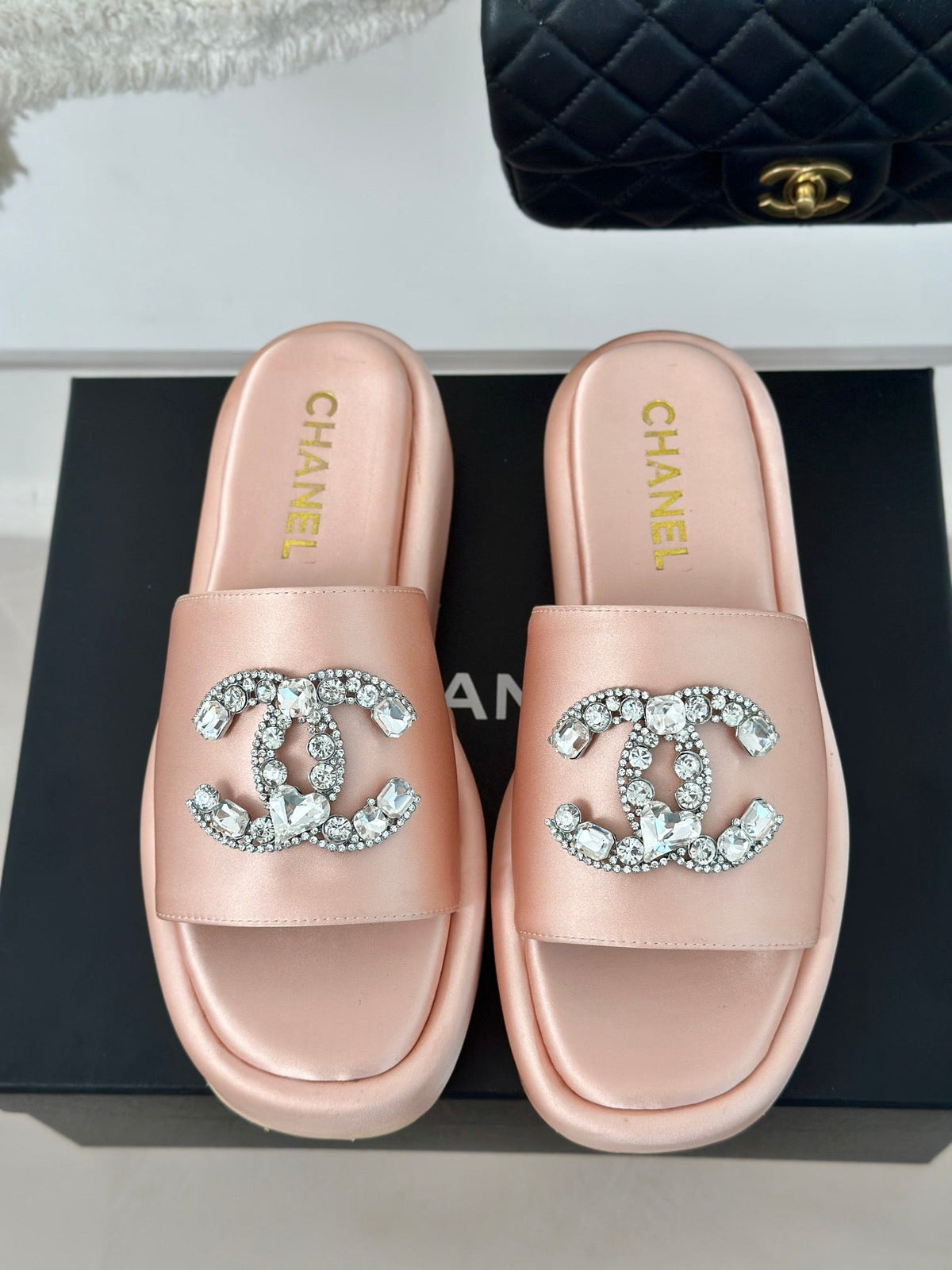 Chanel Slippers Thick Sole in Light Pink Satin