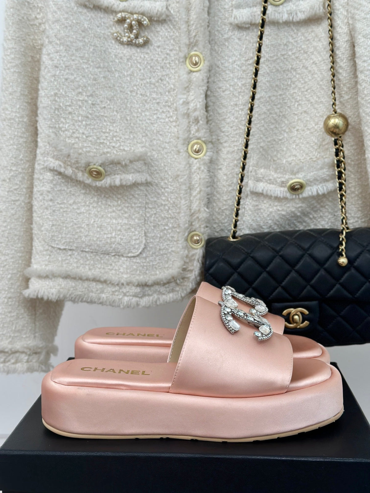 Chanel Slippers Thick Sole in Light Pink Satin
