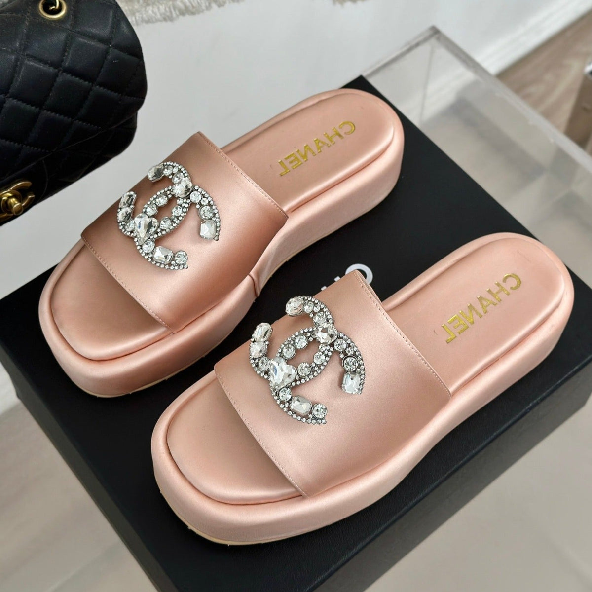Chanel Slippers Thick Sole in Light Pink Satin