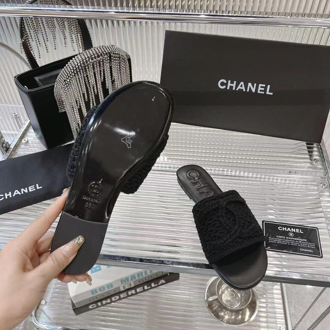 Chanel Slippers Black Sheepskin