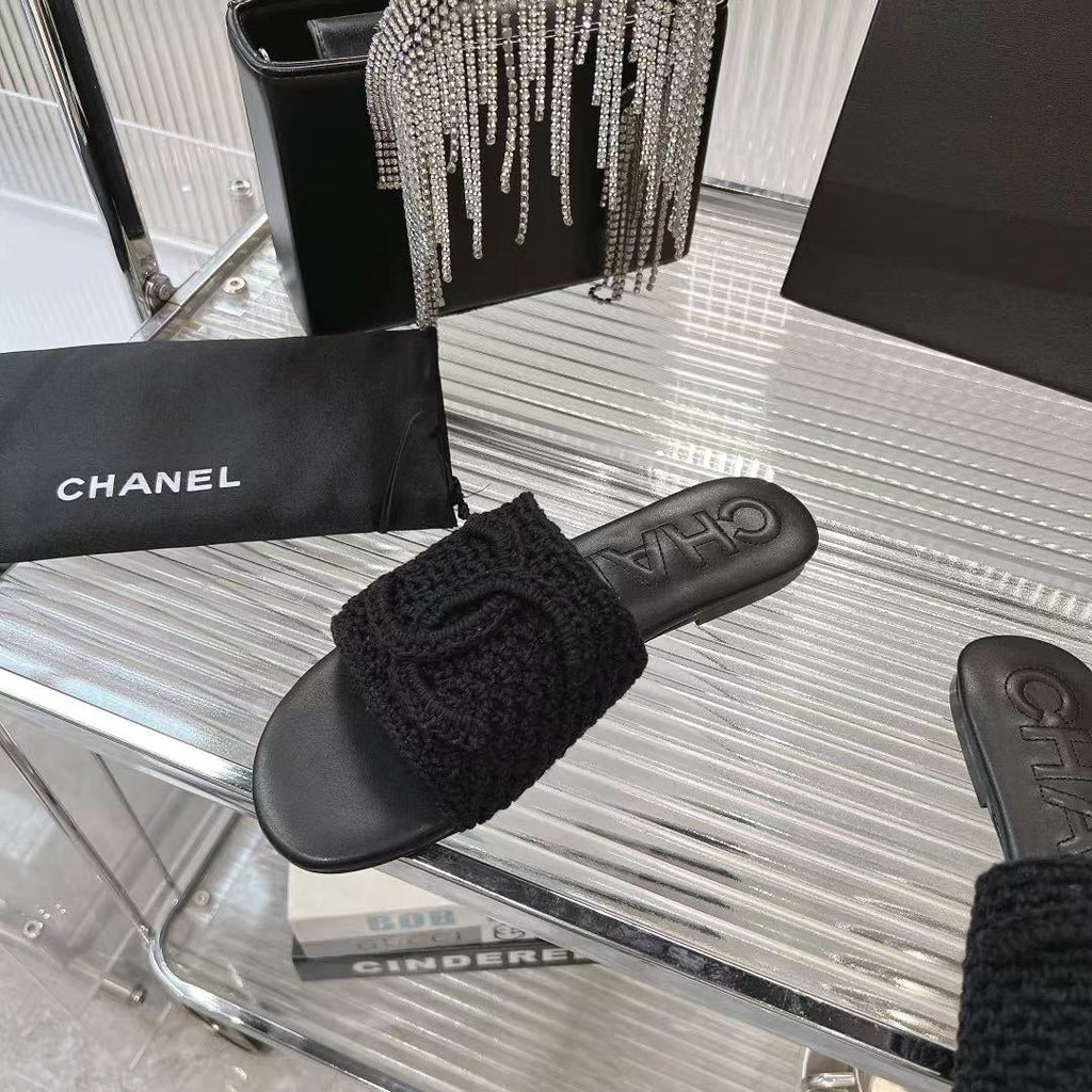 Chanel Slippers Black Sheepskin