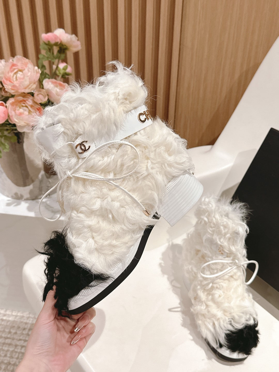 Chanel Short Boots in White Lamb Fur and Lambskin 962186