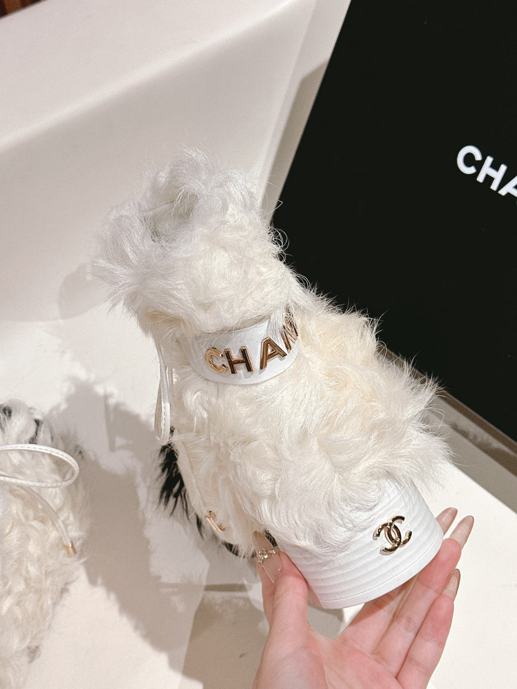 Chanel Short Boots in White Lamb Fur and Lambskin 962186