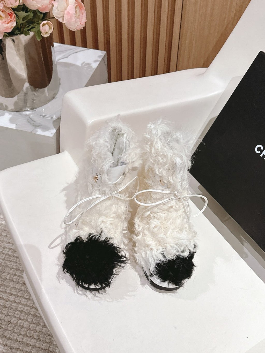 Chanel Short Boots in White Lamb Fur and Lambskin 962186