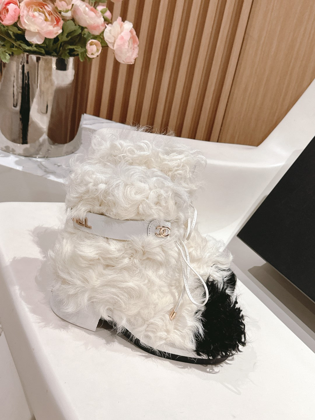 Chanel Short Boots in White Lamb Fur and Lambskin 962186