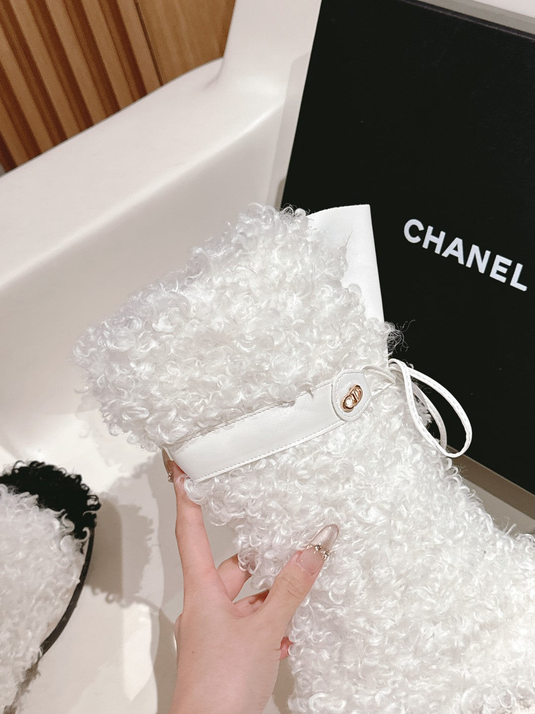 Chanel Short Boots in White Lamb Fur and Lambskin 962188