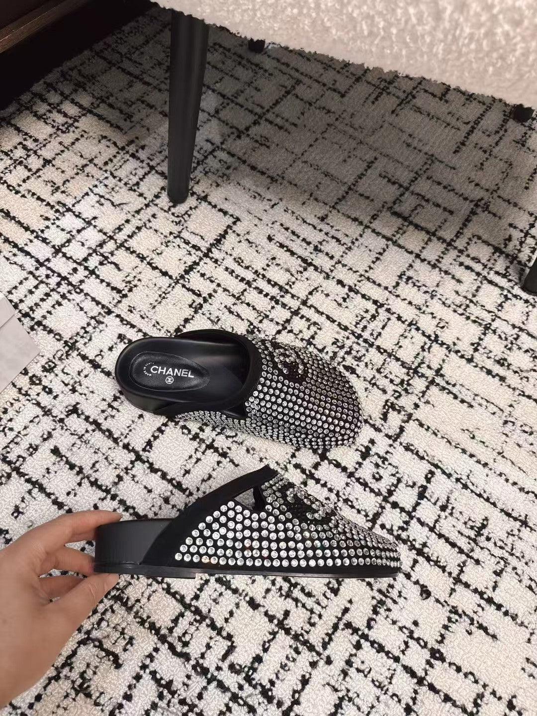 Chanel Flat Mule in Black Suede with Crystals
