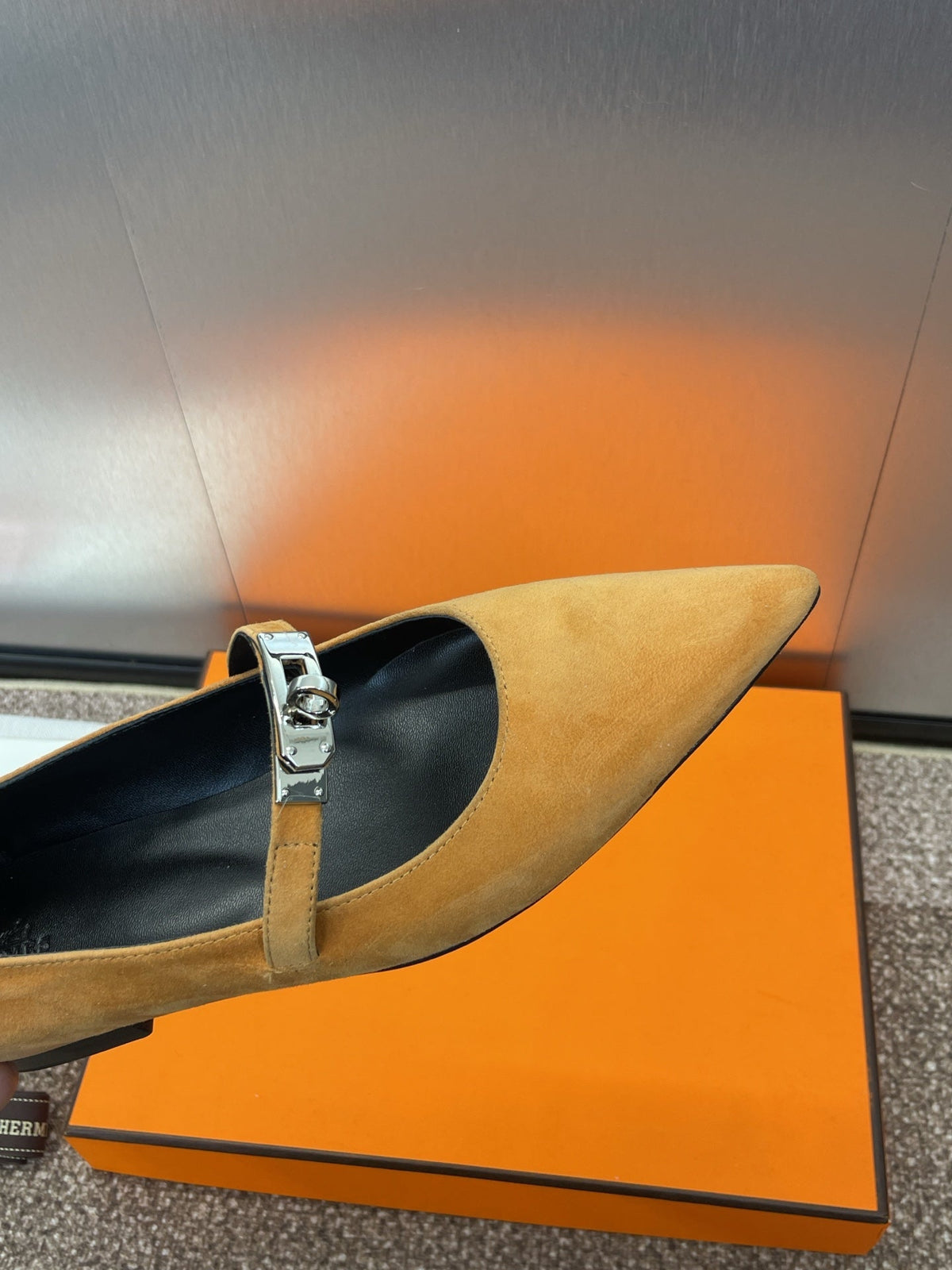 Hermes Kiara Flat Pump in Bronze Brown Suede