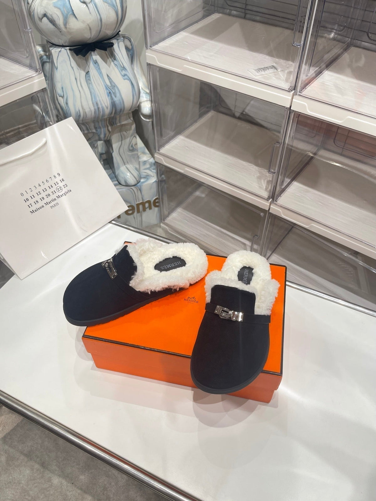 Hermes Slip-On Mule in Black Suede and Shearling Lining