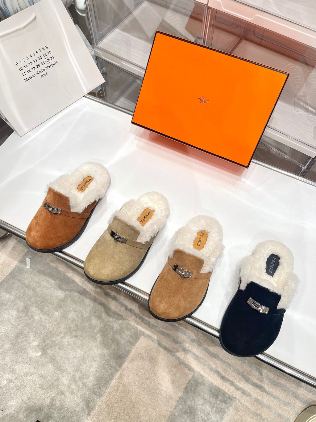 Hermes Slip-On Mule in Tortilla Brown Suede and Shearling Lining
