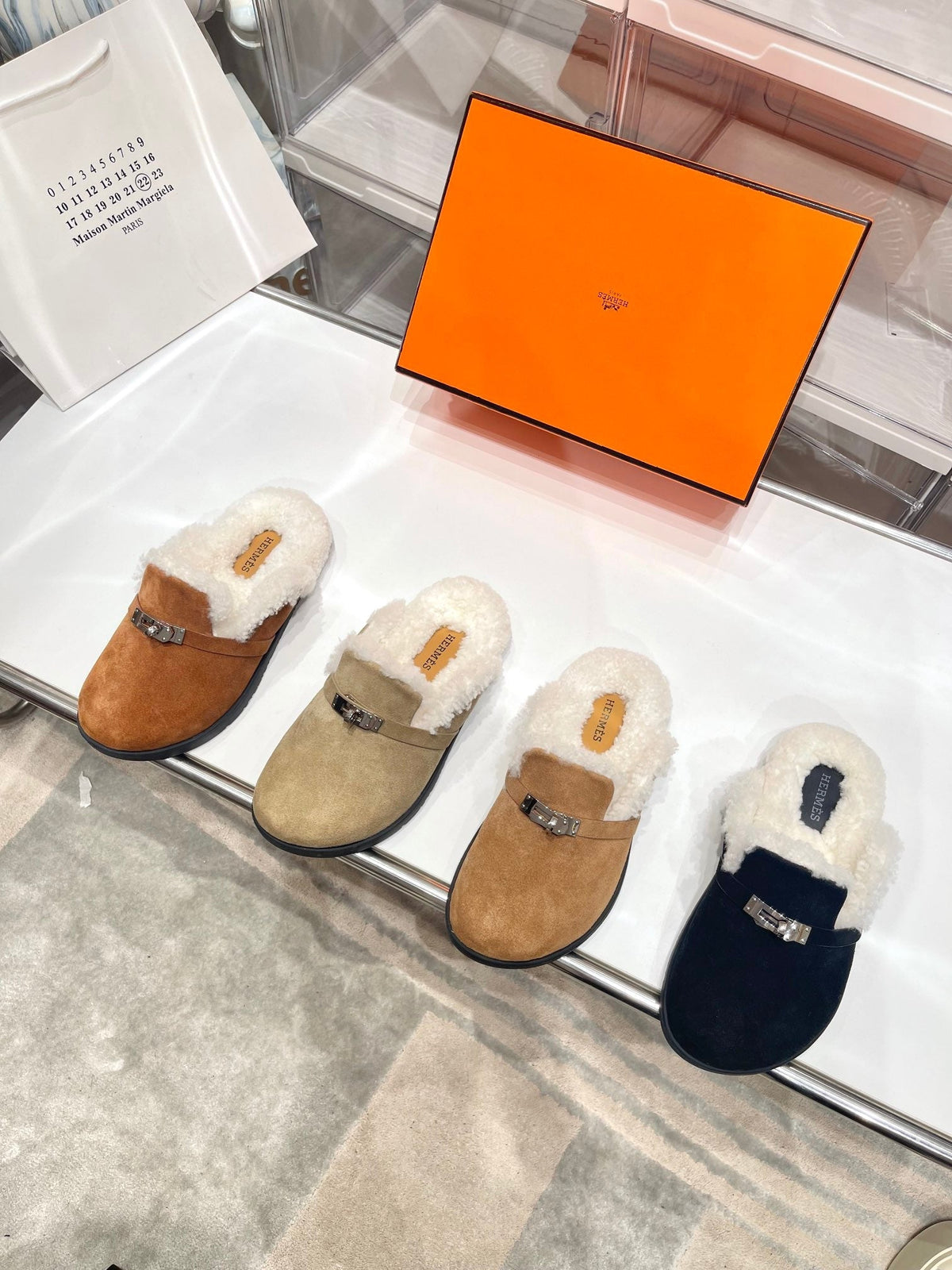 Hermes Slip-On Mule in Tortilla Brown Suede and Shearling Lining