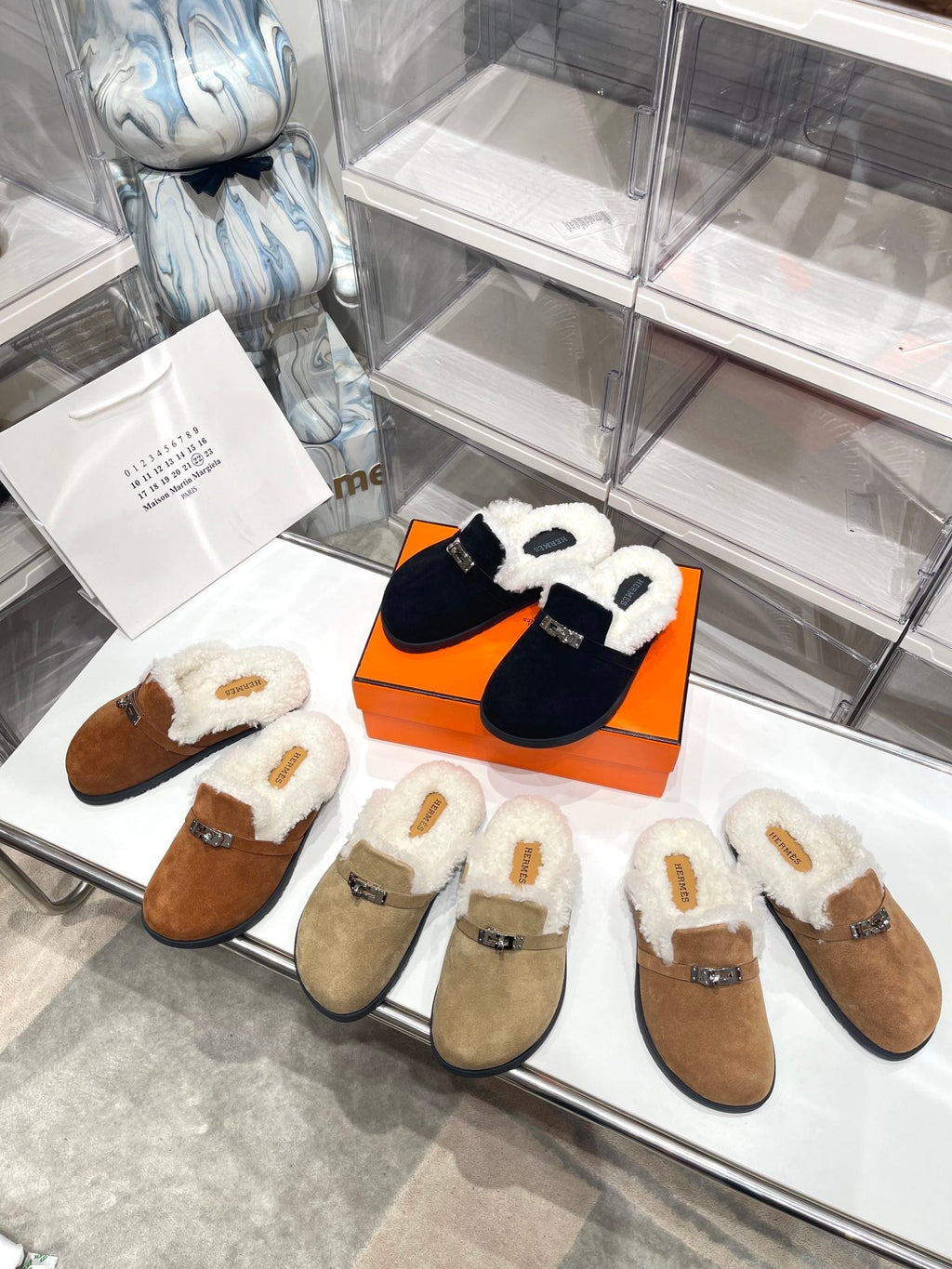 Hermes Slip-On Mule in Tortilla Brown Suede and Shearling Lining