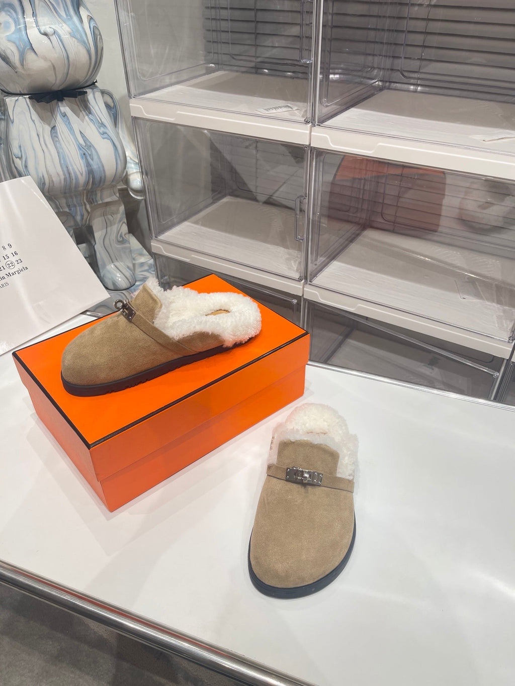 Hermes Slip-On Mule in Tortilla Brown Suede and Shearling Lining