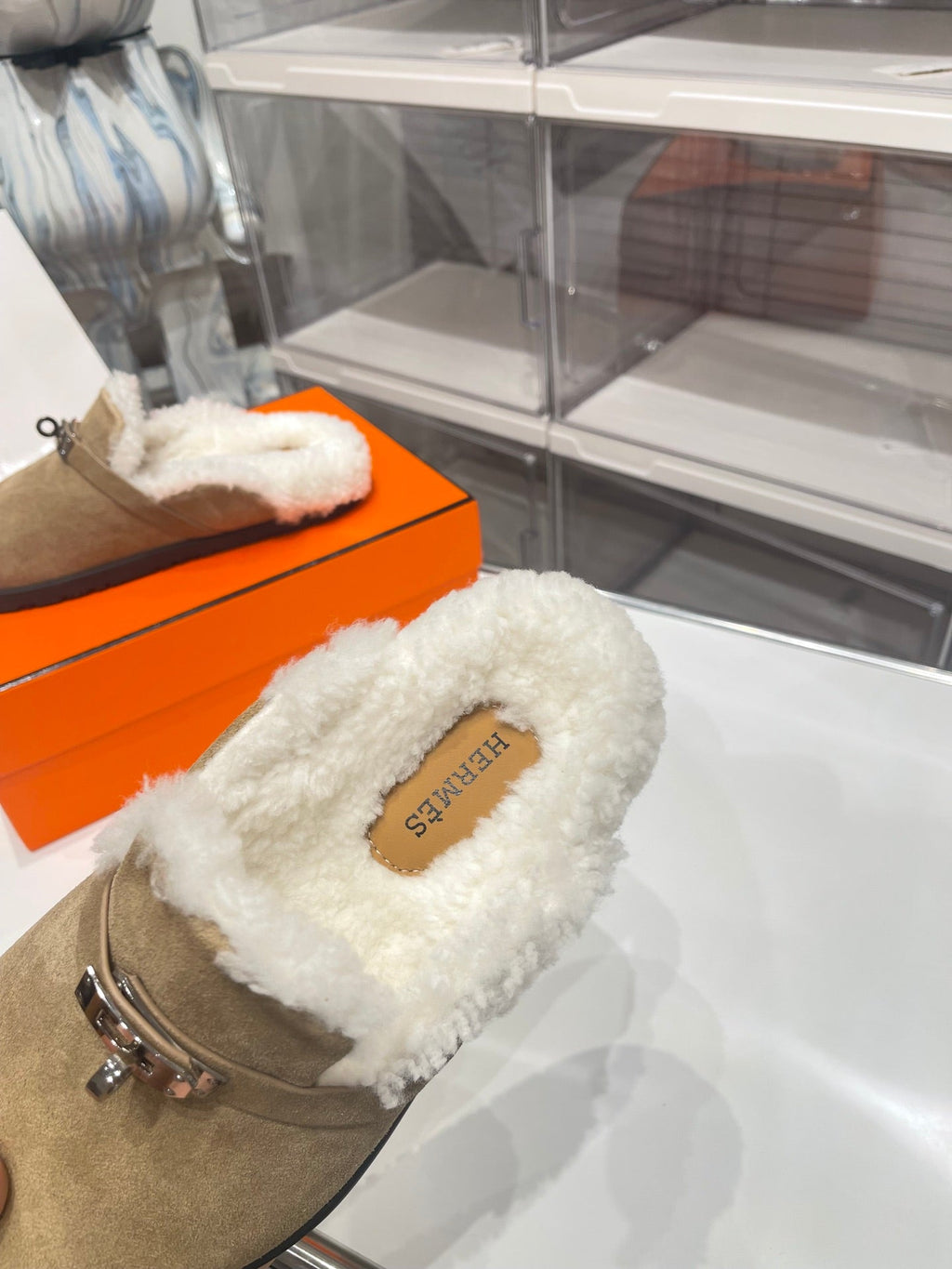 Hermes Slip-On Mule in Tortilla Brown Suede and Shearling Lining