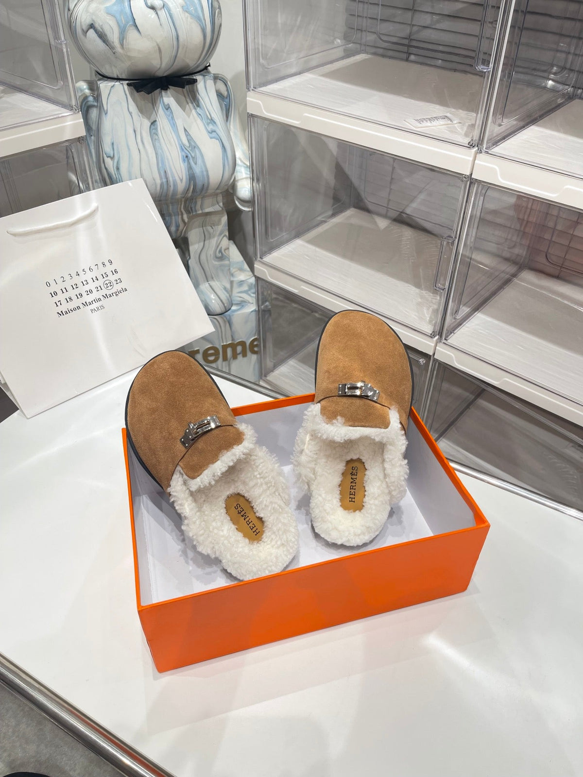Hermes Slip-On Mule in Medium Brown Suede and Shearling Lining