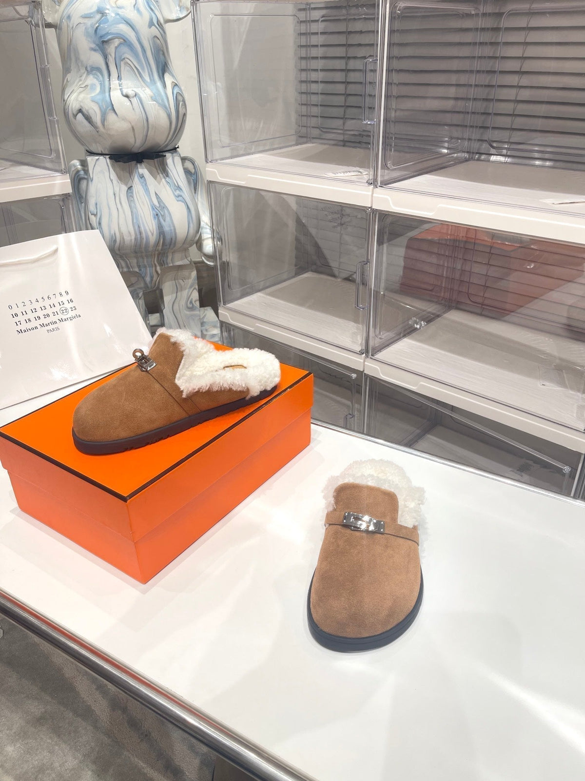 Hermes Slip-On Mule in Medium Brown Suede and Shearling Lining