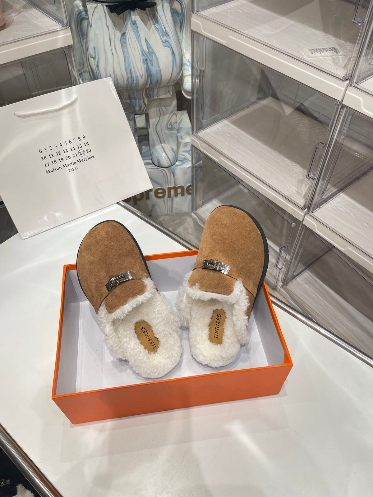 Hermes Slip-On Mule in Medium Brown Suede and Shearling Lining