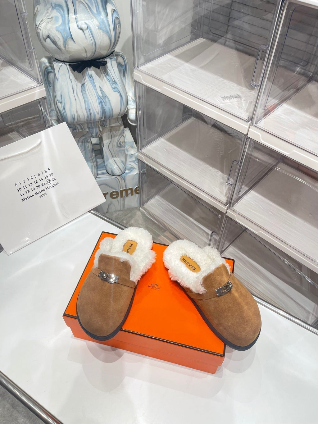 Hermes Slip-On Mule in Medium Brown Suede and Shearling Lining