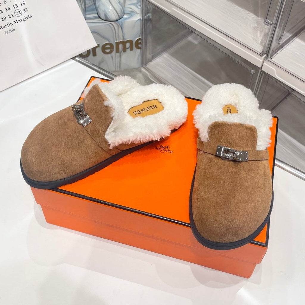 Hermes Slip-On Mule in Medium Brown Suede and Shearling Lining