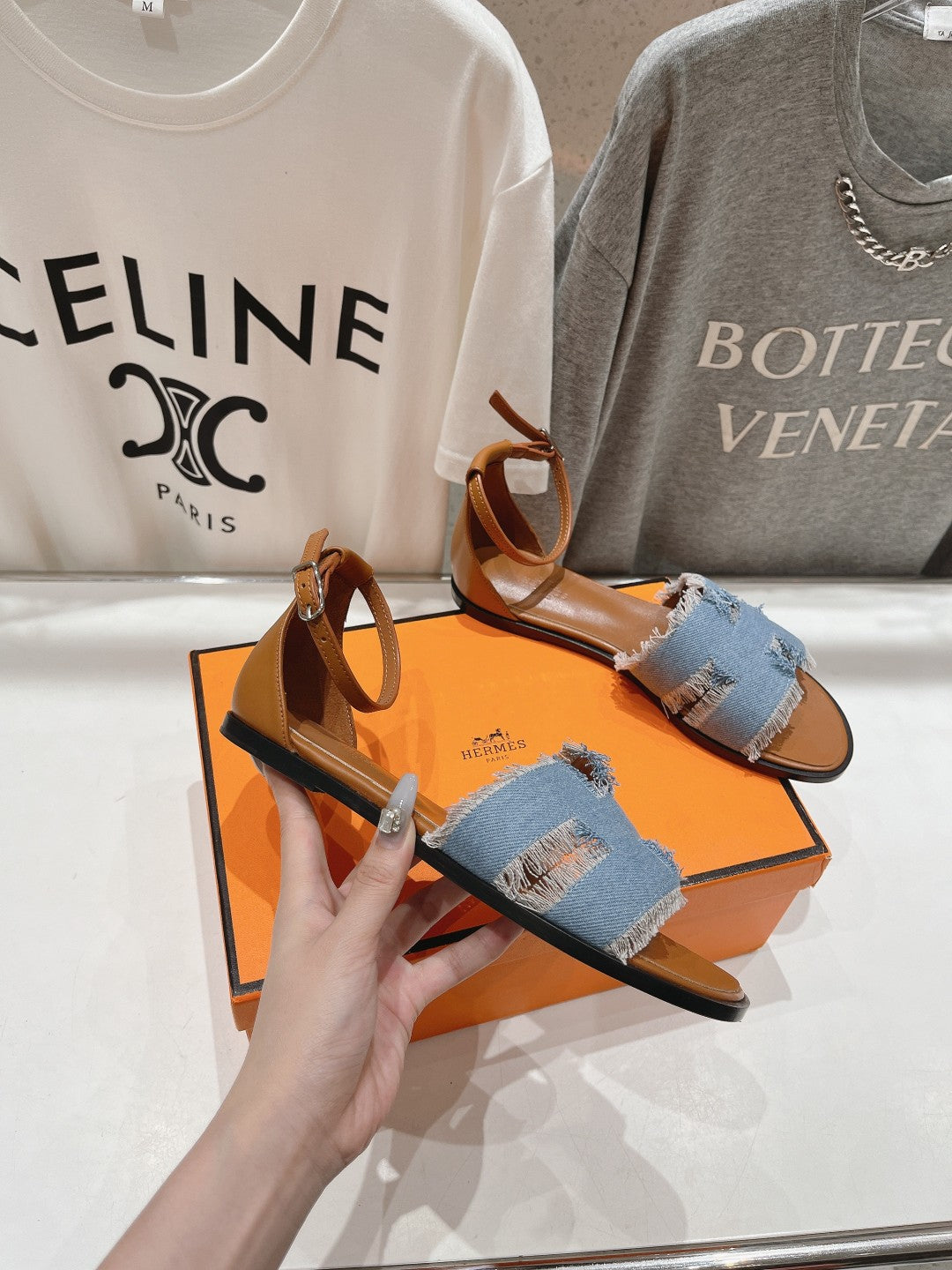 Hermes Santorini Sandal Bleu Clair Lambskin