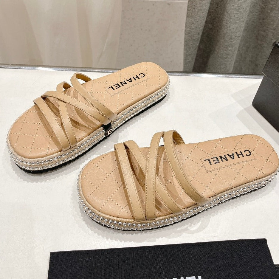 Chanel Slippers Cross Straps in Beige Cream Lambskin
