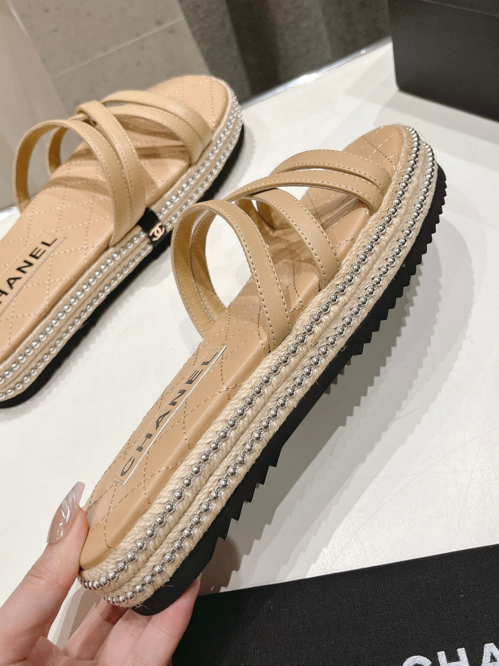 Chanel Slippers Cross Straps in Beige Cream Lambskin