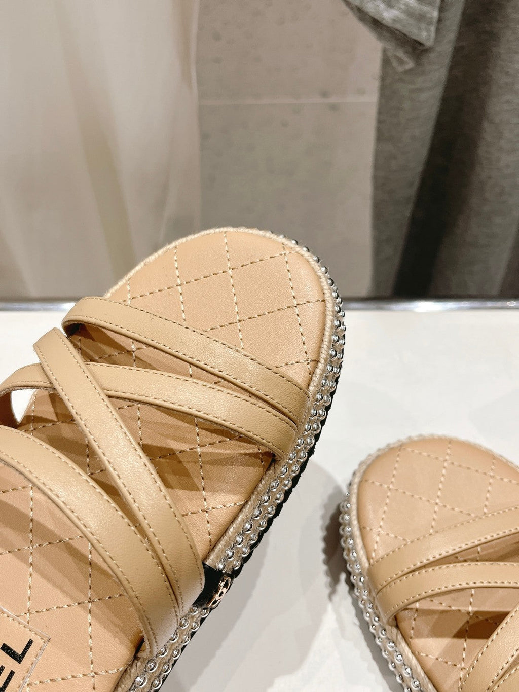Chanel Slippers Cross Straps in Beige Cream Lambskin