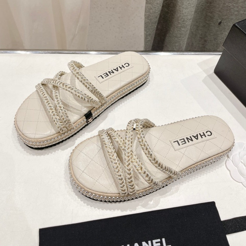 Chanel Woven Strap Slippers in White Lambskin
