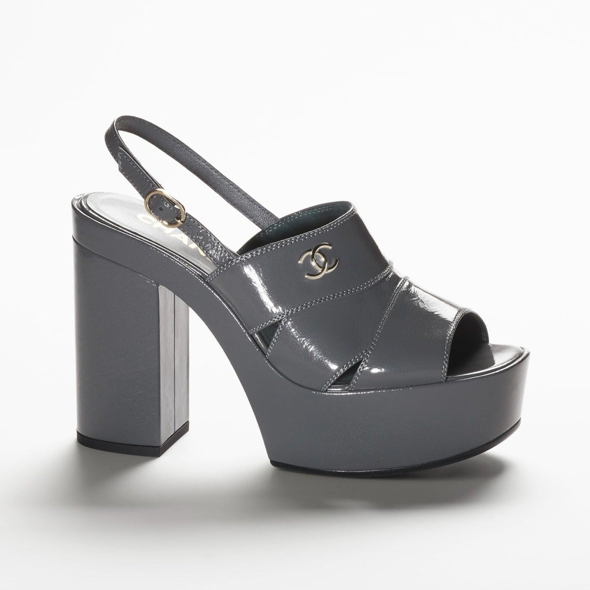Chanel Sandals Gray Patent Crumpled Lambksin