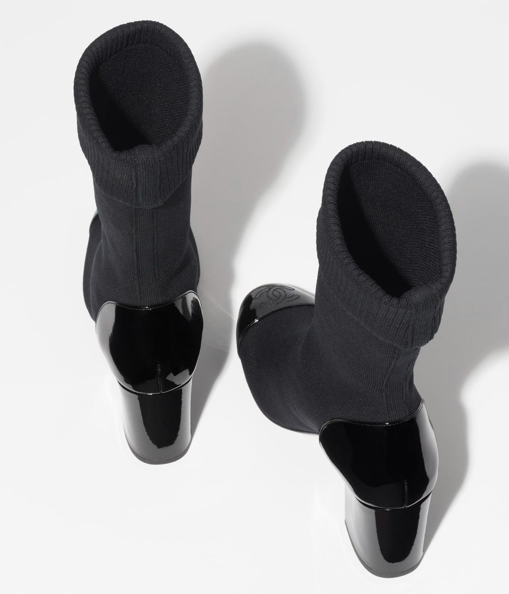 Chanel Short Boots Black Knit Patent Calfskin