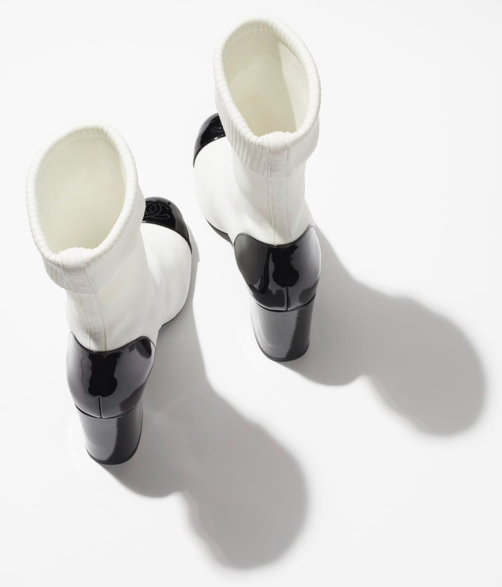 Chanel Short Boots White Black Knit Patent Calfskin