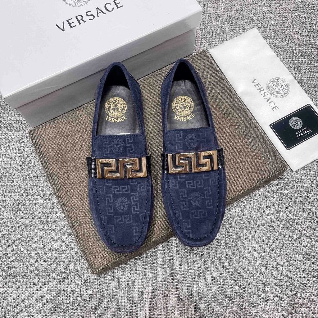 Versace Navy Blue Patterned Loafers — front