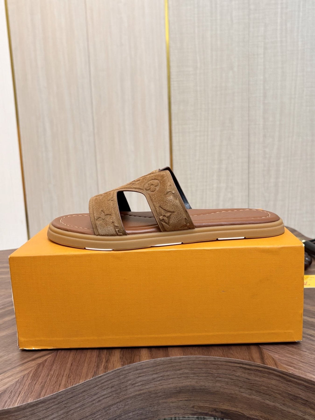 Louis Vuitton Tan Monogram Slide Sandals — side