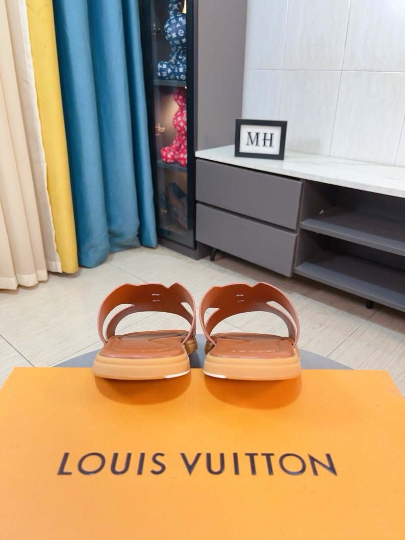 Louis Vuitton Tan-Orange Interwoven Slide Sandals — front