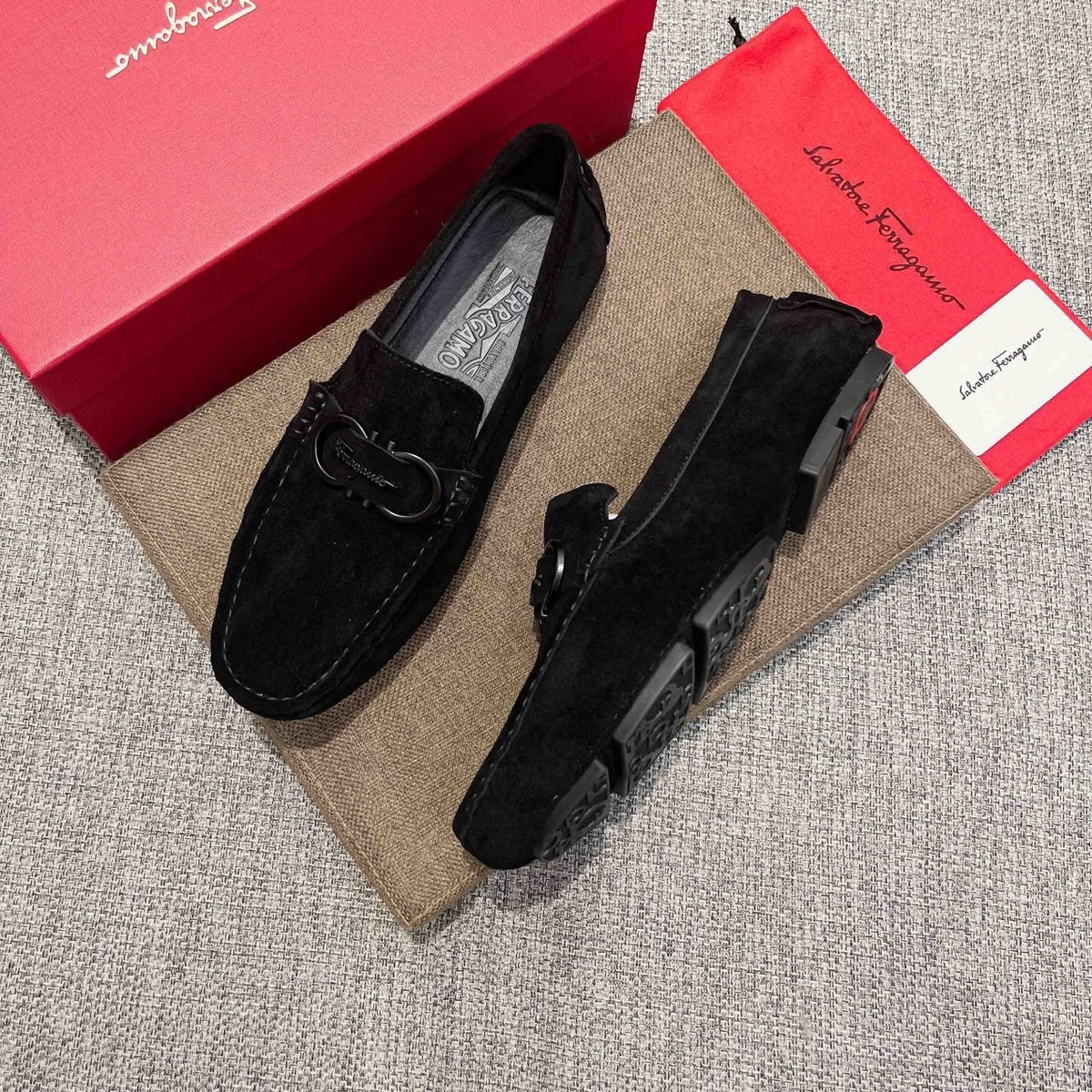 Ferragamo Black Buckle Loafers — side