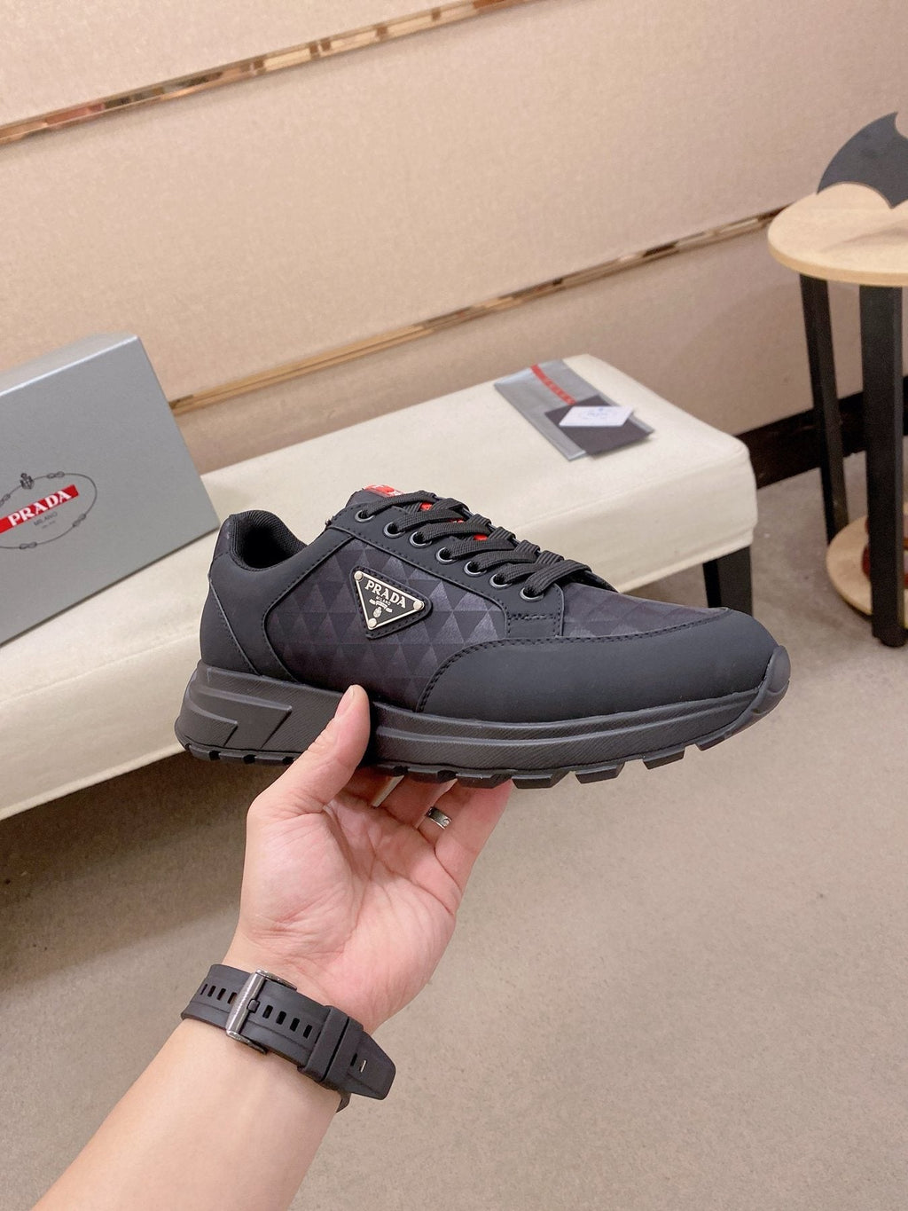 PRADA Black Red-Accent Low-Top Sneakers — side