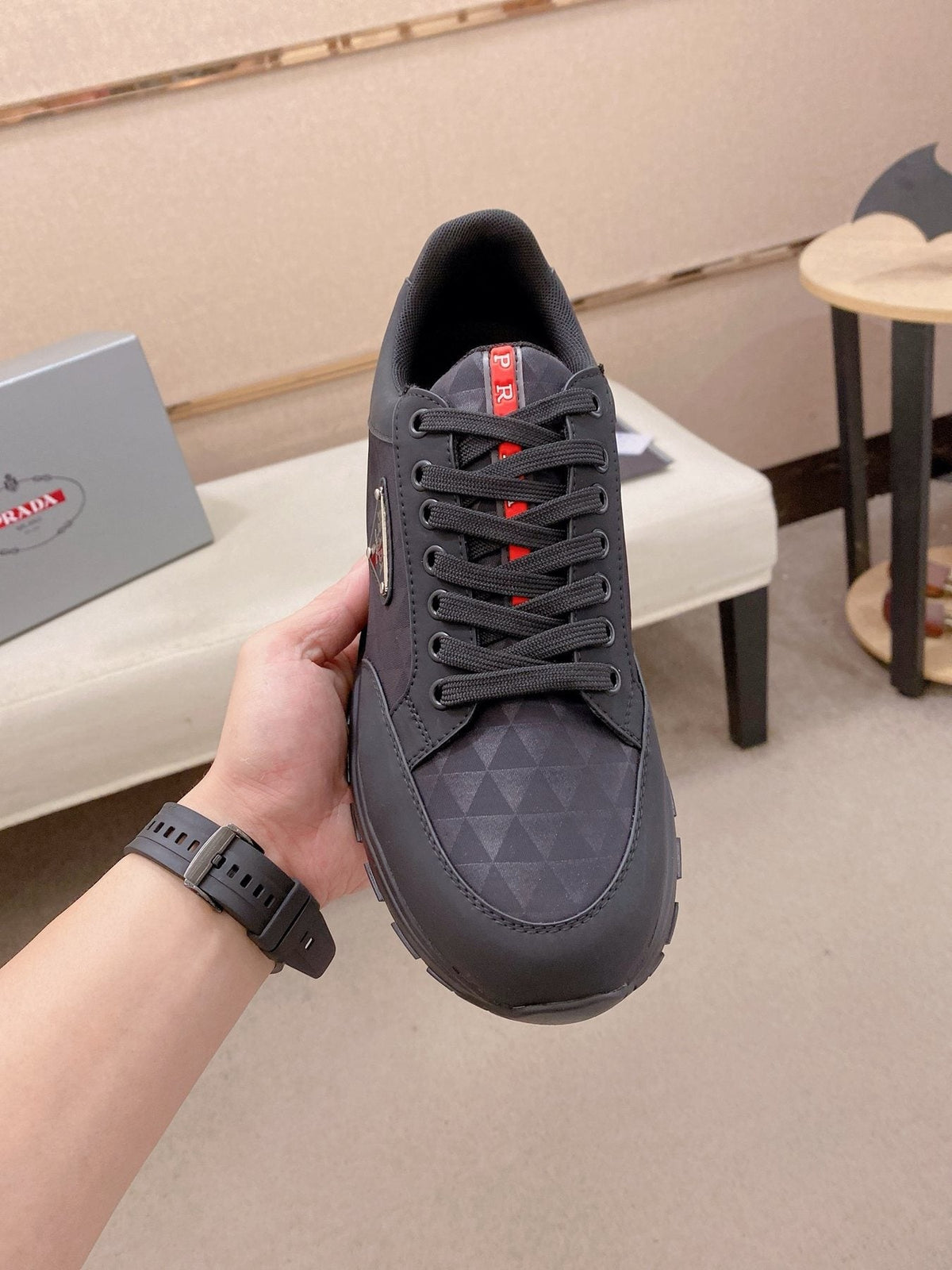 PRADA Black Red-Accent Low-Top Sneakers — front