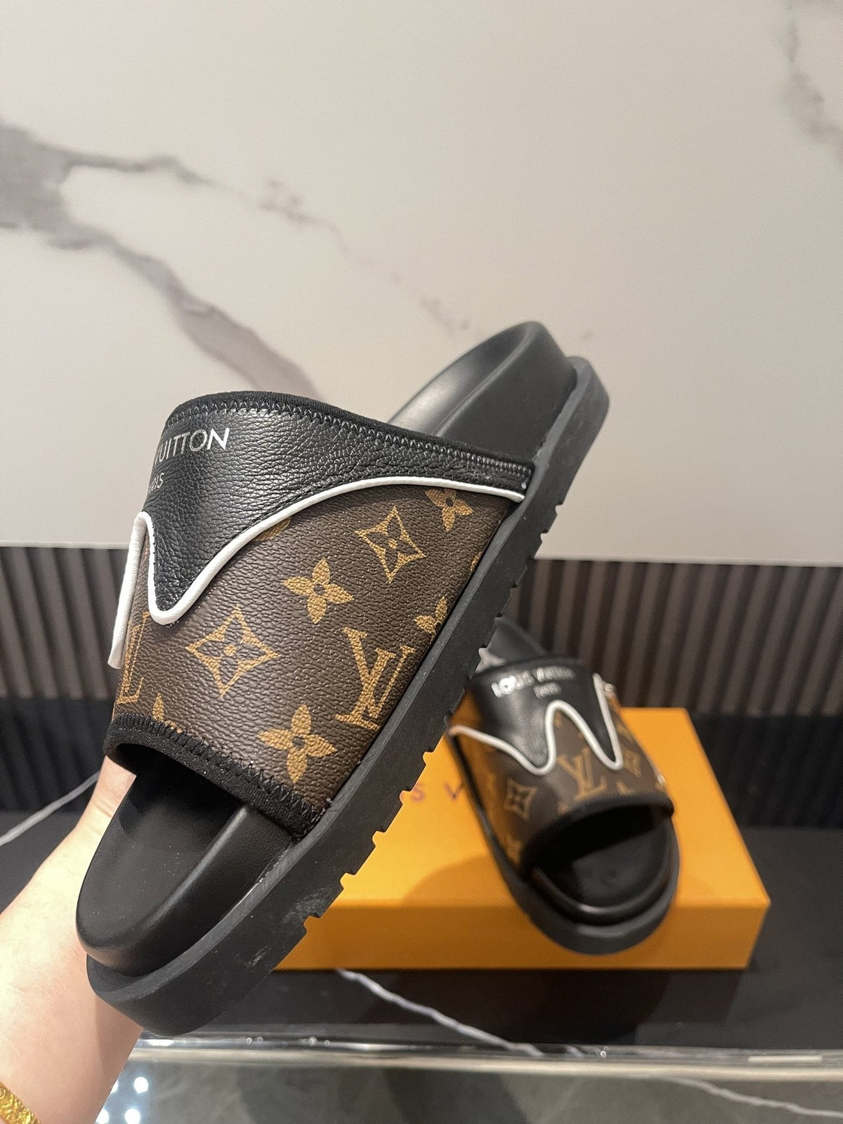 Louis Vuitton Brown Monogram Slide Sandals — side